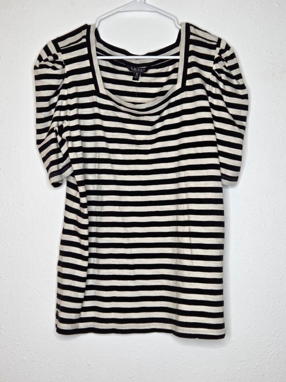 NWT Lauren Ralph Lauren Striped Cotton Jersey Puff-sleeve Tee Black/Mascarpone